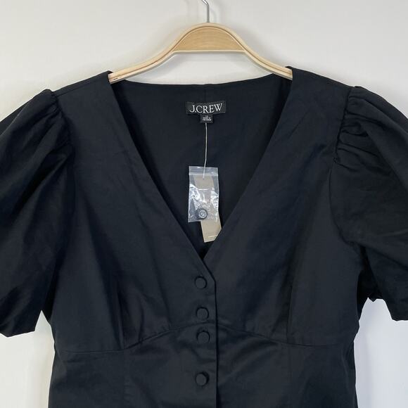 J. Crew Button Front Puff Sleeve Mini Dress Black Size 14 Capsule Minimalist - Picture 7 of 12